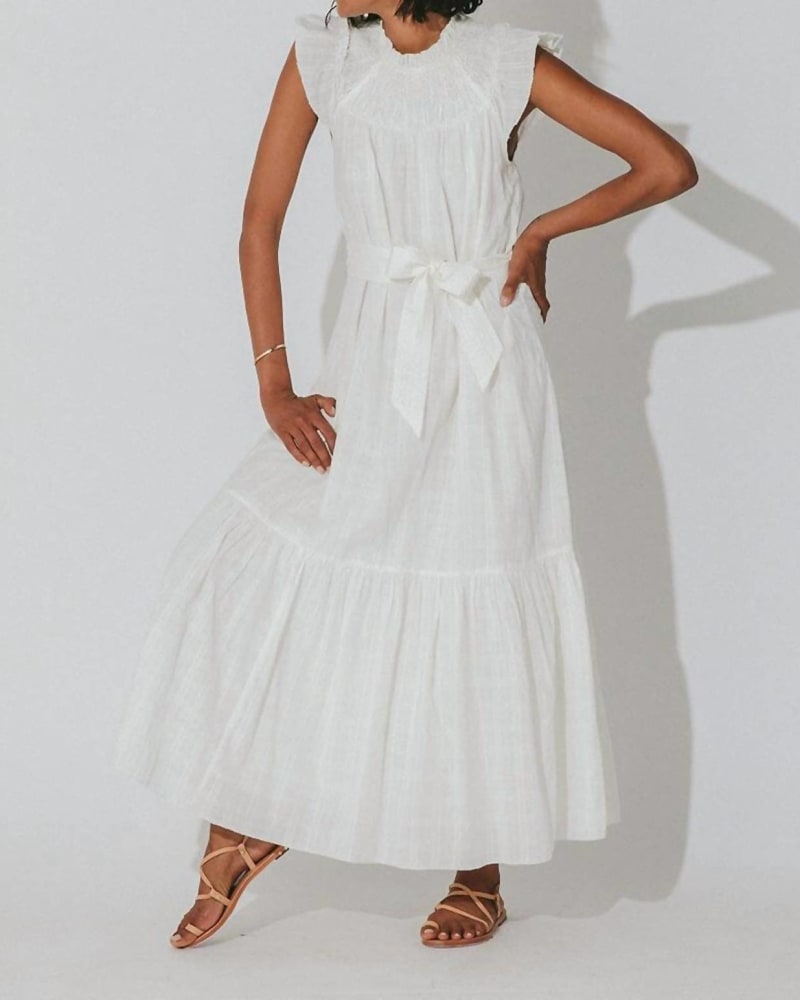 Front of a model wearing a size L Malta Ankle Dress in Ivory in Ivory by Cleobella. | dia_product_style_image_id:335340